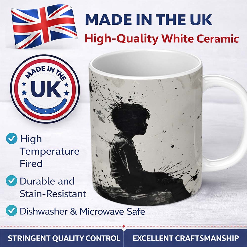 Seated Boy with Butterflies Monochrome Graffiti 11oz Ceramic Coffee Tea Mug White Large Handle