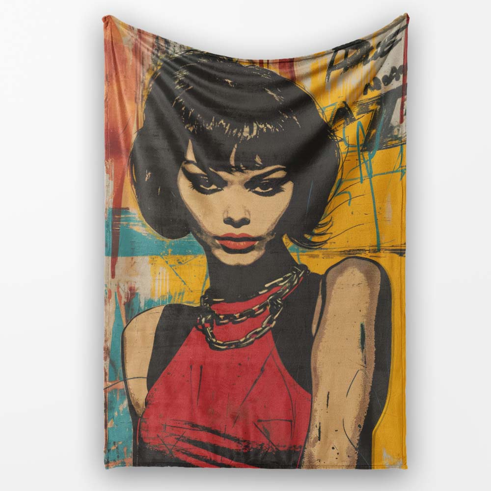 Modern Pop Art Woman Portrait Yellow Red Graffiti, All Season Comfort, Comfortable Everyday Use - Super Soft Fleece Blanket Bed Sofa Throw