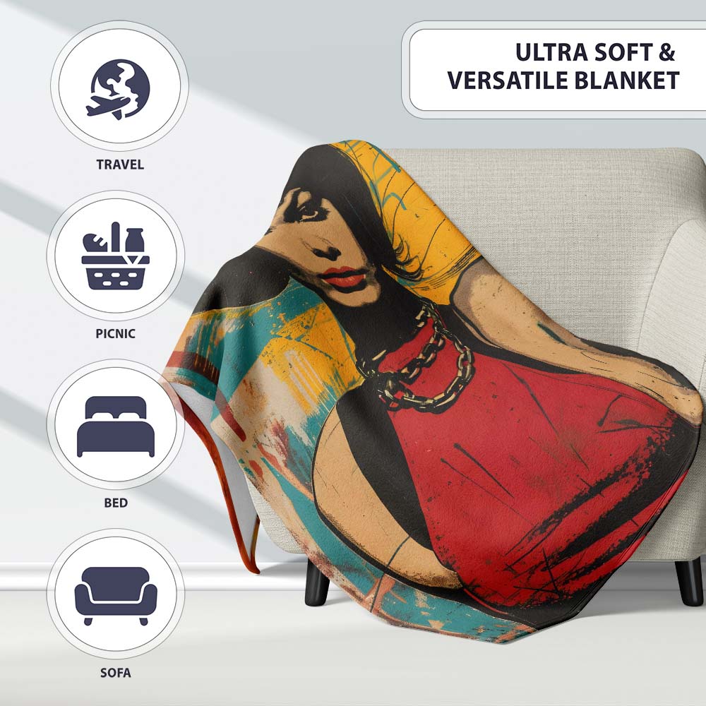 Modern Pop Art Woman Portrait Yellow Red Graffiti, All Season Comfort, Comfortable Everyday Use - Super Soft Fleece Blanket Bed Sofa Throw