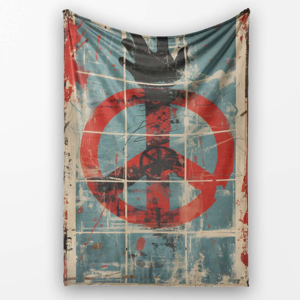 Abstract Peace Symbol Blue Red Grunge Street Art, All Season Comfort, Gift for Adults and Teens - Super Soft Fleece Blanket Bed Sofa Throw