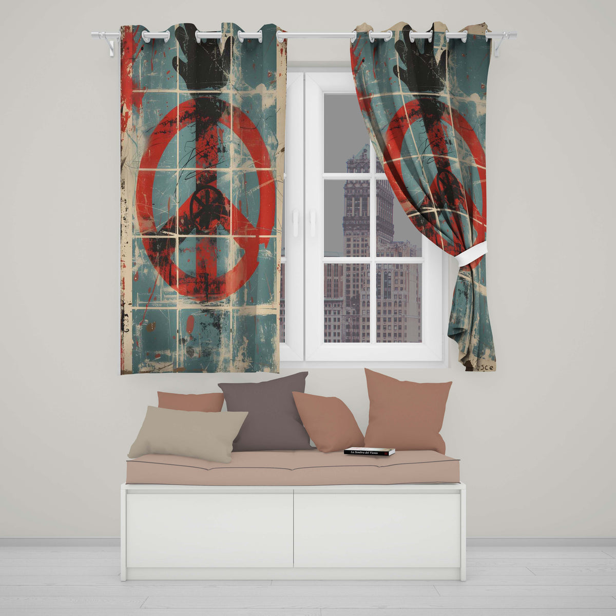 Abstract Peace Symbol Blue Red Grunge Street Art Contemporary Wall Art Home Decor Readymade Eyelet Ring Top Thermal 100% Blackout Curtains
