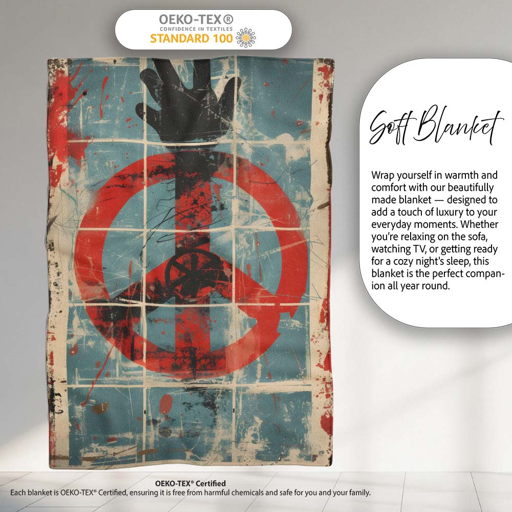 Abstract Peace Symbol Blue Red Grunge Street Art, All Season Comfort, Gift for Adults and Teens - Super Soft Fleece Blanket Bed Sofa Throw