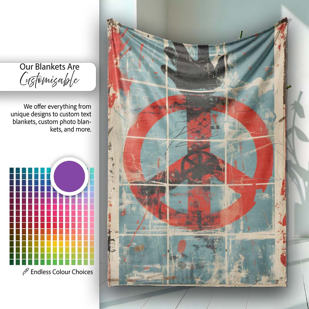 Abstract Peace Symbol Blue Red Grunge Street Art, All Season Comfort, Gift for Adults and Teens - Super Soft Fleece Blanket Bed Sofa Throw