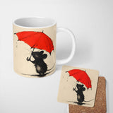 Cute Black Mouse with Red Umbrella Minimalist Illustration 11oz Ceramic Coffee Tea Mug White Large Handle