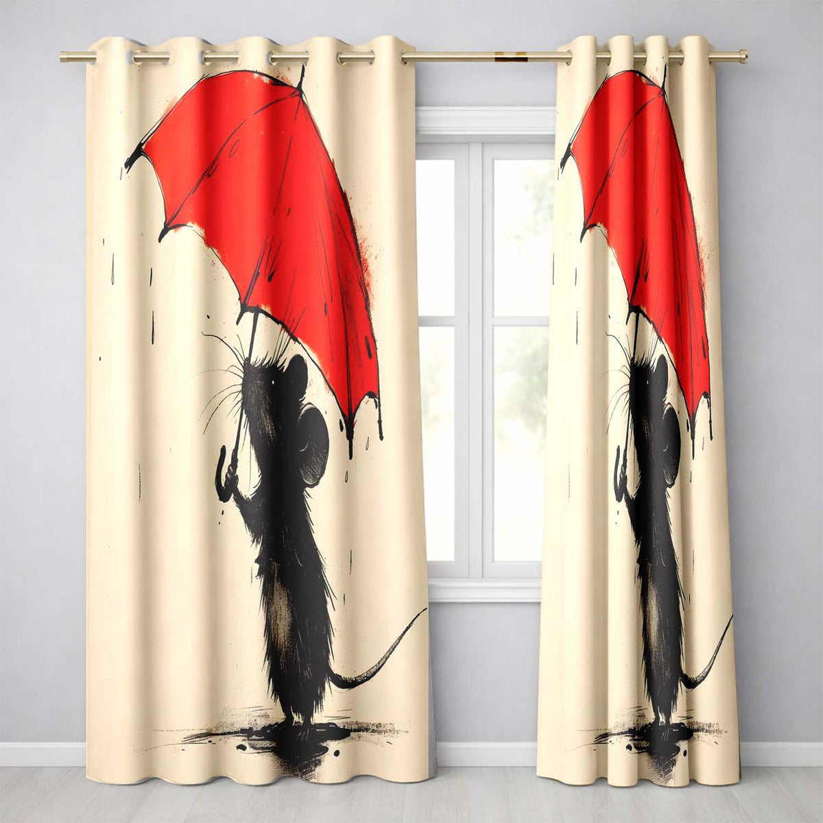 Cute Black Mouse with Red Umbrella Minimalist Illustration Distinctive Home Decor Readymade Eyelet Ring Top Thermal 100% Blackout Curtains