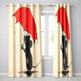 Cute Black Mouse with Red Umbrella Minimalist Illustration Distinctive Home Decor Readymade Eyelet Ring Top Thermal 100% Blackout Curtains