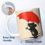 Cute Black Mouse with Red Umbrella Minimalist Illustration 11oz Ceramic Coffee Tea Mug White Large Handle