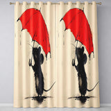 Cute Black Mouse with Red Umbrella Minimalist Illustration Distinctive Home Decor Readymade Eyelet Ring Top Thermal 100% Blackout Curtains