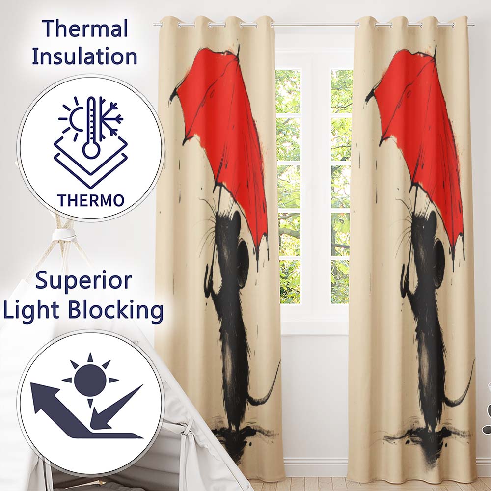 Cute Black Mouse with Red Umbrella Minimalist Illustration Distinctive Home Decor Readymade Eyelet Ring Top Thermal 100% Blackout Curtains