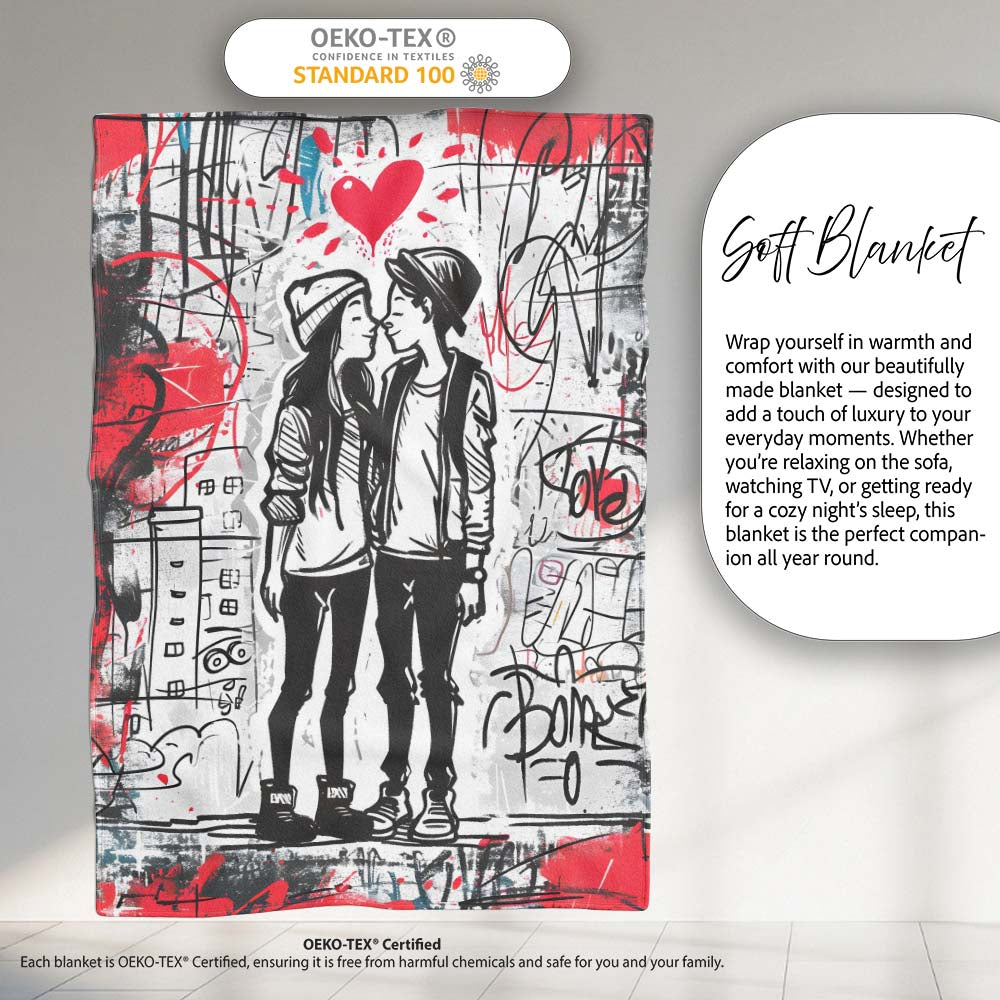 Romantic Couple Kiss Graffiti Street Art Love, All Season Comfort, Thoughtful Housewarming Gift - Super Soft Fleece Blanket Bed Sofa Throw