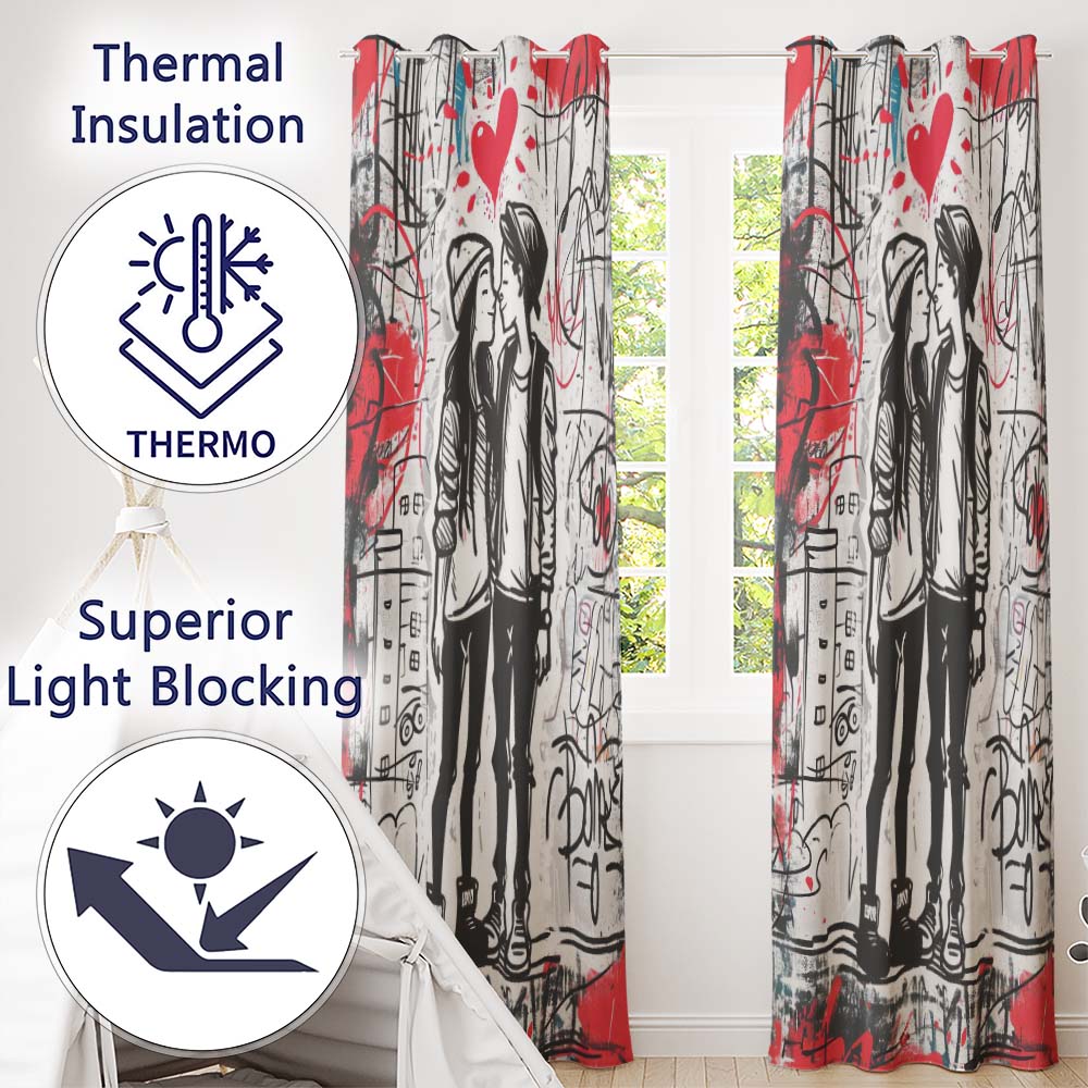 Romantic Couple Kiss Graffiti Street Art Love Vibrant Bold Artwork for Home Decor Readymade Eyelet Ring Top Thermal 100% Blackout Curtains