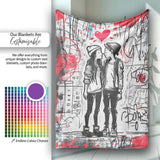 Romantic Couple Kiss Graffiti Street Art Love, All Season Comfort, Thoughtful Housewarming Gift - Super Soft Fleece Blanket Bed Sofa Throw