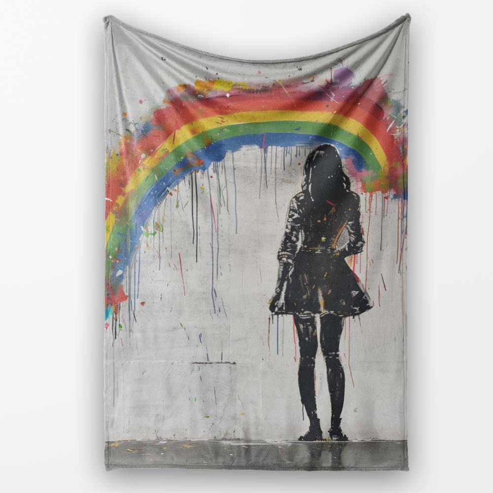 Girl Standing Beneath Colourful Rainbow Street Art, All Season Comfort, Stylish Room Decoration - Super Soft Fleece Blanket Bed Sofa Throw