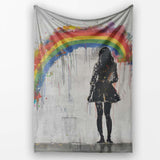 Girl Standing Beneath Colourful Rainbow Street Art, All Season Comfort, Stylish Room Decoration - Super Soft Fleece Blanket Bed Sofa Throw