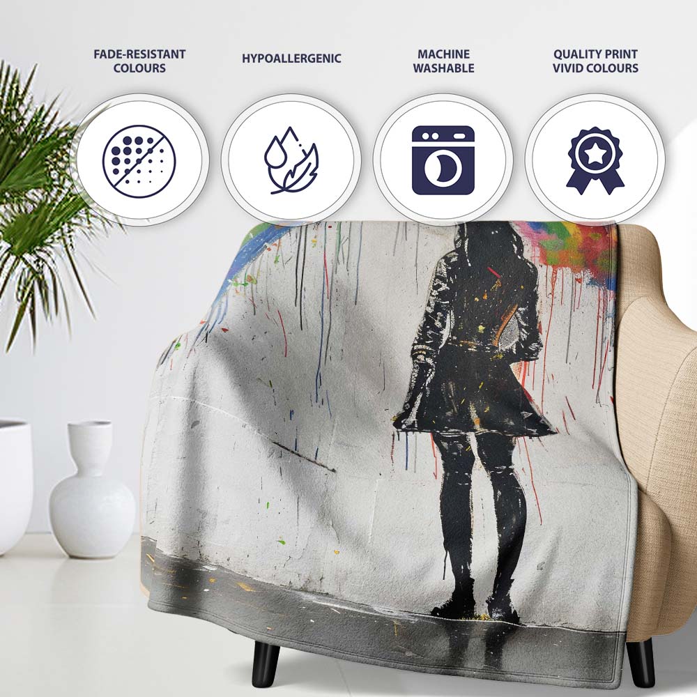 Girl Standing Beneath Colourful Rainbow Street Art, All Season Comfort, Stylish Room Decoration - Super Soft Fleece Blanket Bed Sofa Throw