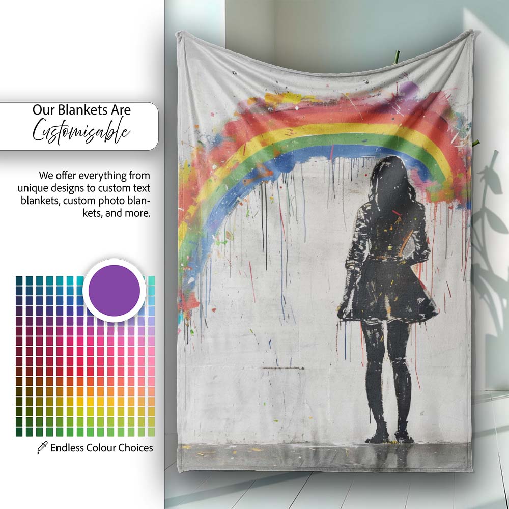 Girl Standing Beneath Colourful Rainbow Street Art, All Season Comfort, Stylish Room Decoration - Super Soft Fleece Blanket Bed Sofa Throw