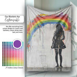 Girl Standing Beneath Colourful Rainbow Street Art, All Season Comfort, Stylish Room Decoration - Super Soft Fleece Blanket Bed Sofa Throw