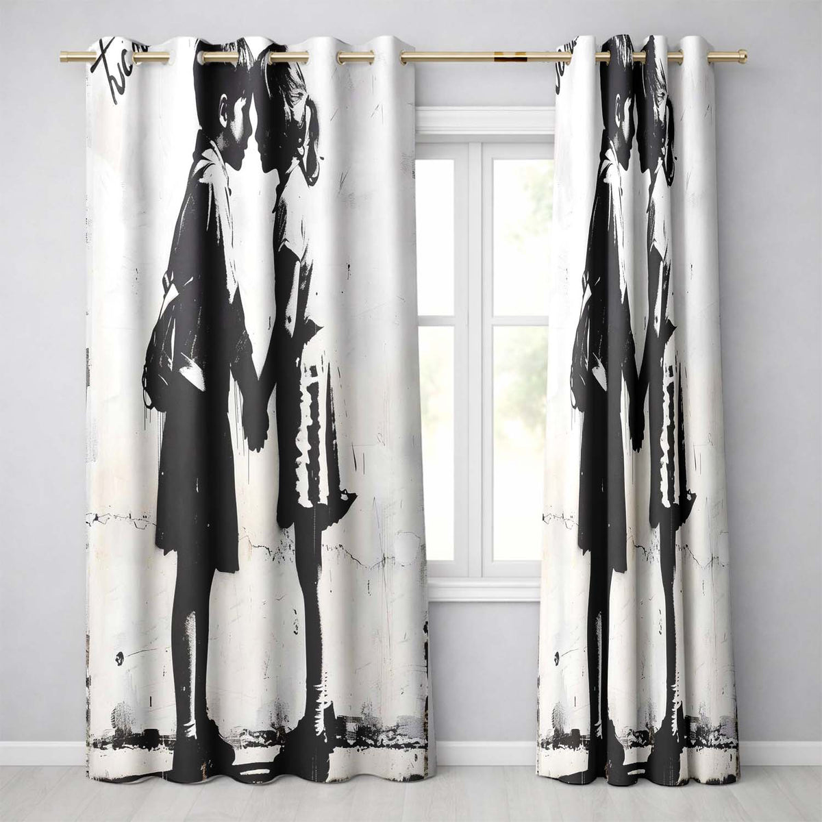 Children Holding Hands Monochrome Street Art Unique Modern Artwork for Home Decor Readymade Eyelet Ring Top Thermal 100% Blackout Curtains