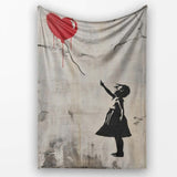 Girl Reaching for Red Heart Balloon Street Art, Lightweight Warm Gift, Comfortable Everyday Use - Super Soft Fleece Blanket Bed Sofa Throw