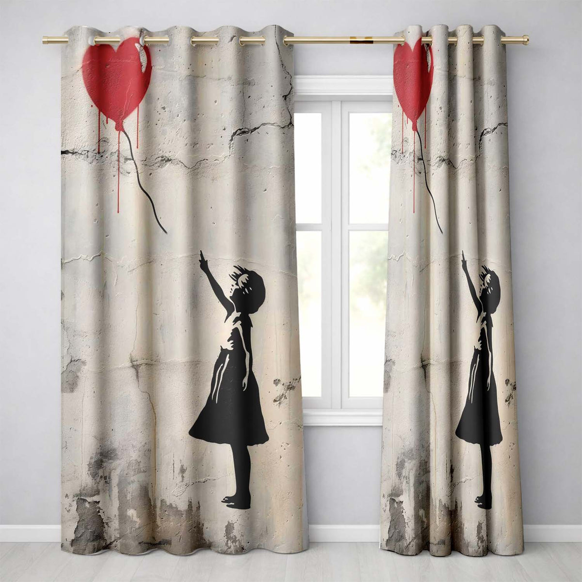 Girl Reaching for Red Heart Balloon Street Art Artistic Artwork for Bedroom Decor Readymade Eyelet Ring Top Thermal 100% Blackout Curtains