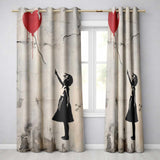 Girl Reaching for Red Heart Balloon Street Art Artistic Artwork for Bedroom Decor Readymade Eyelet Ring Top Thermal 100% Blackout Curtains