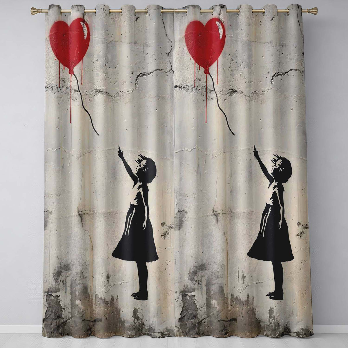Girl Reaching for Red Heart Balloon Street Art Artistic Artwork for Bedroom Decor Readymade Eyelet Ring Top Thermal 100% Blackout Curtains