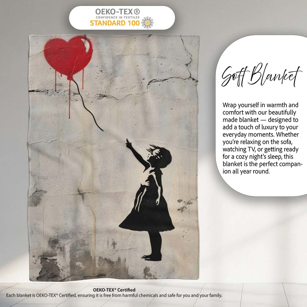 Girl Reaching for Red Heart Balloon Street Art, Lightweight Warm Gift, Comfortable Everyday Use - Super Soft Fleece Blanket Bed Sofa Throw