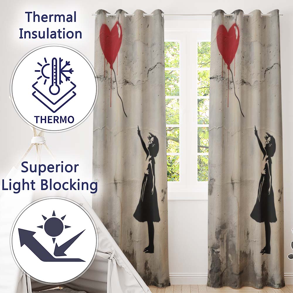 Girl Reaching for Red Heart Balloon Street Art Artistic Artwork for Bedroom Decor Readymade Eyelet Ring Top Thermal 100% Blackout Curtains