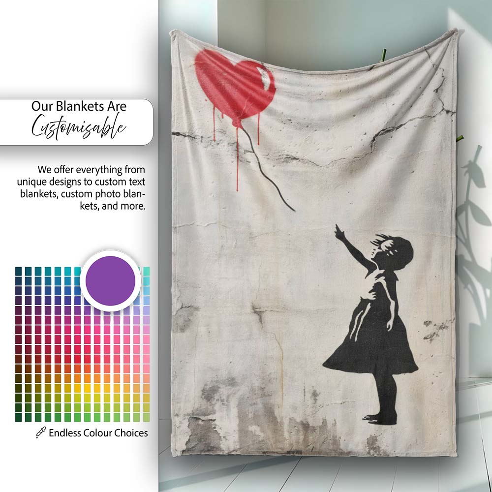 Girl Reaching for Red Heart Balloon Street Art, Lightweight Warm Gift, Comfortable Everyday Use - Super Soft Fleece Blanket Bed Sofa Throw