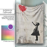 Girl Reaching for Red Heart Balloon Street Art, Lightweight Warm Gift, Comfortable Everyday Use - Super Soft Fleece Blanket Bed Sofa Throw