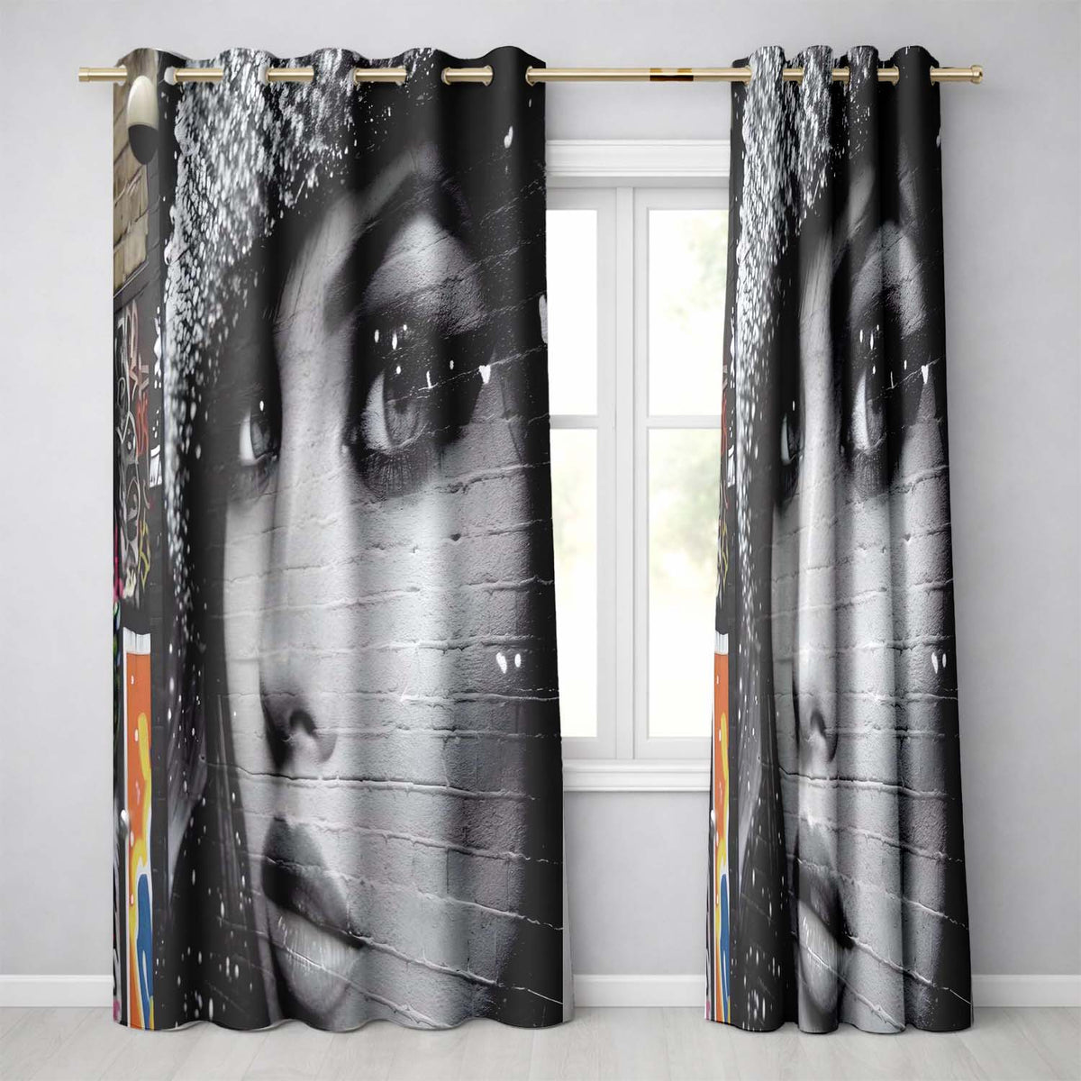 Black and White Female Face Urban Mural Portrait Contemporary Artistic Home Decor Readymade Eyelet Ring Top Thermal 100% Blackout Curtains