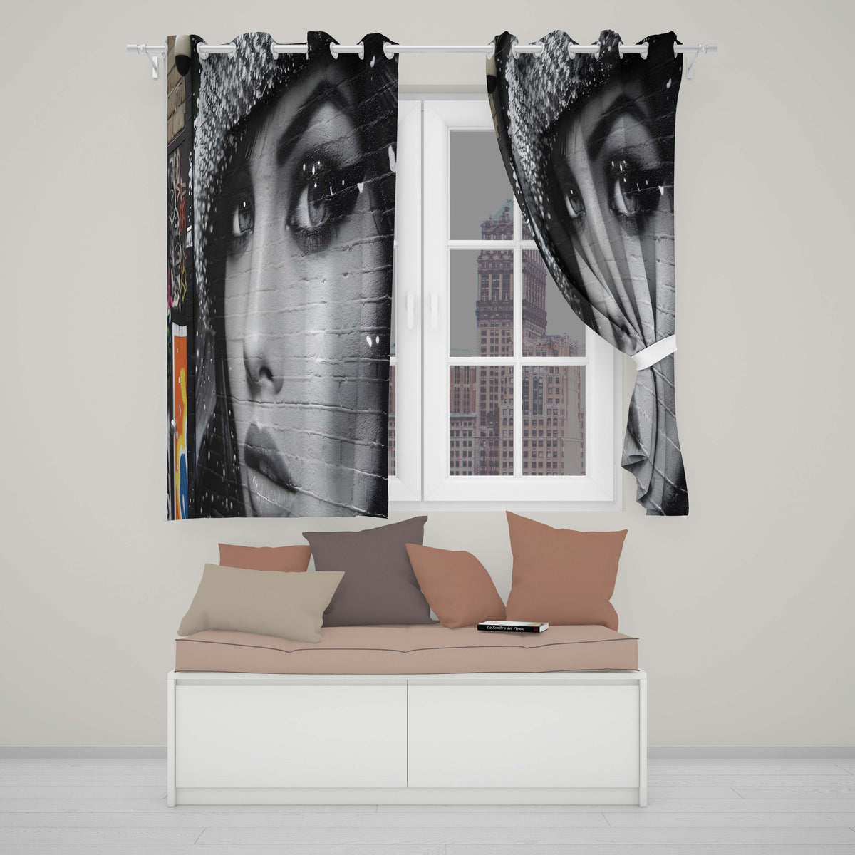 Black and White Female Face Urban Mural Portrait Contemporary Artistic Home Decor Readymade Eyelet Ring Top Thermal 100% Blackout Curtains