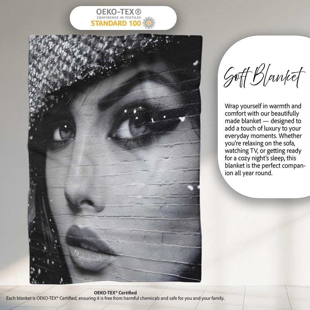 Black and White Female Face Urban Mural Portrait, All Season Comfort, Decorative Wall Art Style - Super Soft Fleece Blanket Bed Sofa Throw