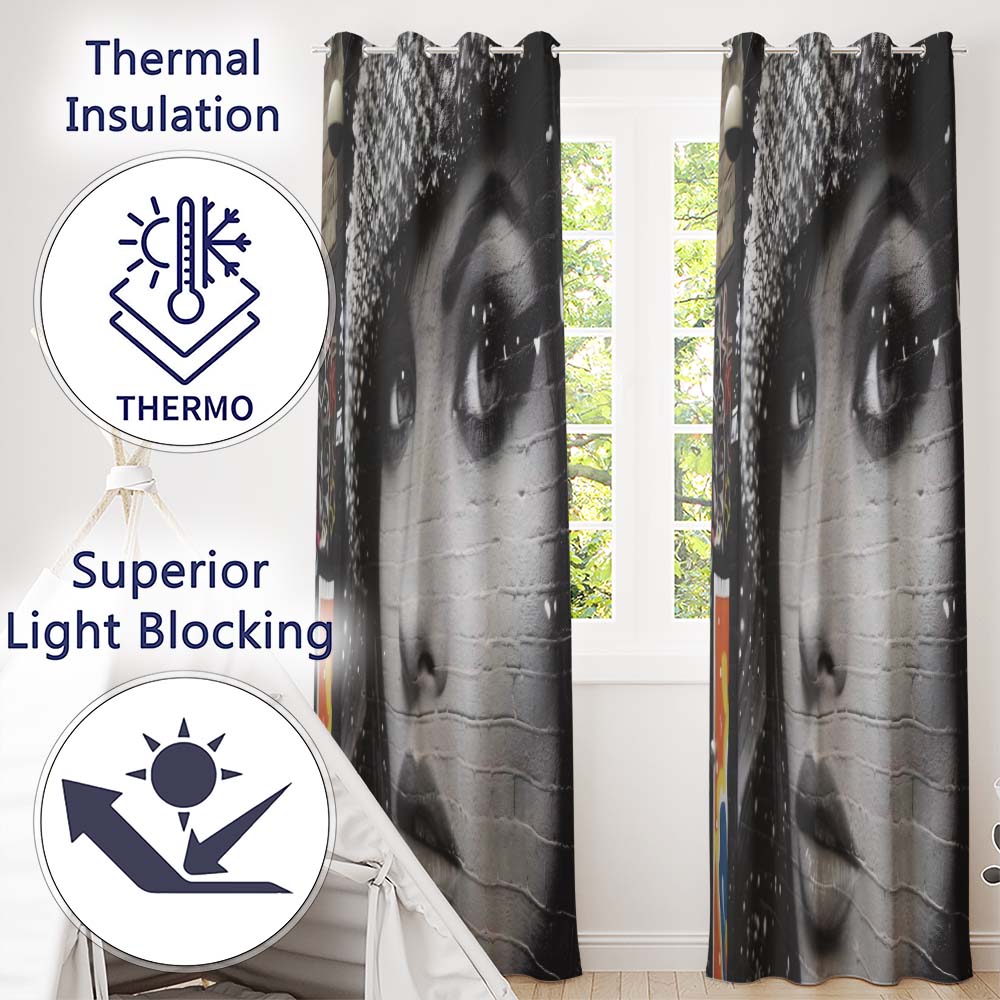 Black and White Female Face Urban Mural Portrait Contemporary Artistic Home Decor Readymade Eyelet Ring Top Thermal 100% Blackout Curtains