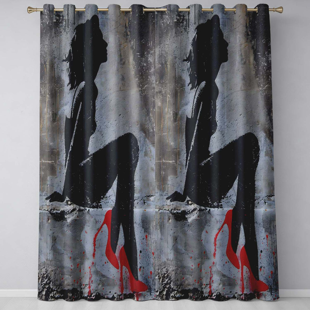 Black Silhouette Woman Red High Heels Urban Graffiti Creative Artistic Home Decor Readymade Eyelet Ring Top Thermal 100% Blackout Curtains