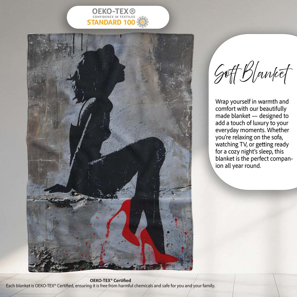 Black Silhouette Woman Red High Heels Urban Graffiti, Lightweight Comfortable Decorative Accent - Super Soft Fleece Blanket Bed Sofa Throw