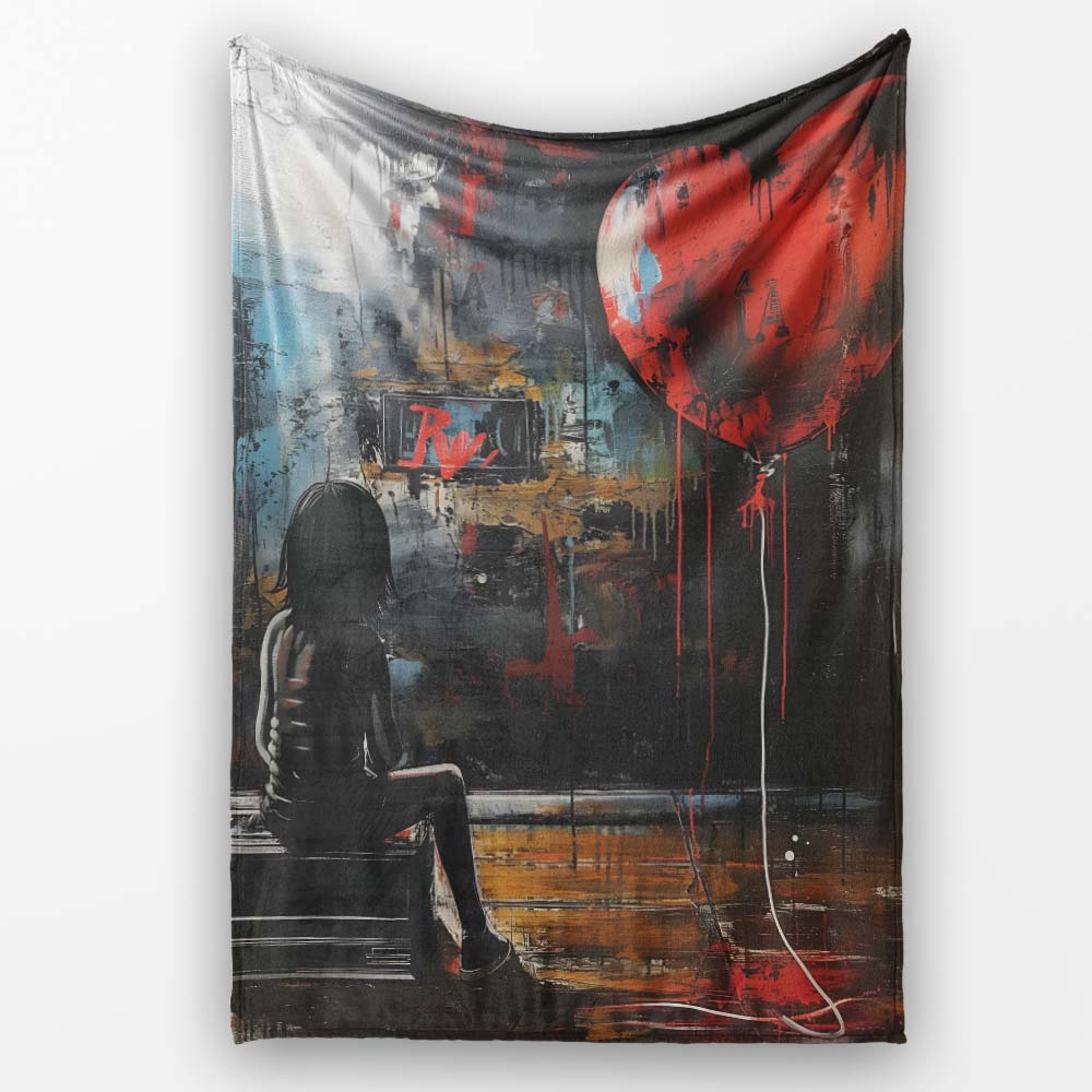 Girl Sitting with Red Heart Balloon Dark Urban Art, All Season Comfort, Stylish Room Decoration - Super Soft Fleece Blanket Bed Sofa Throw