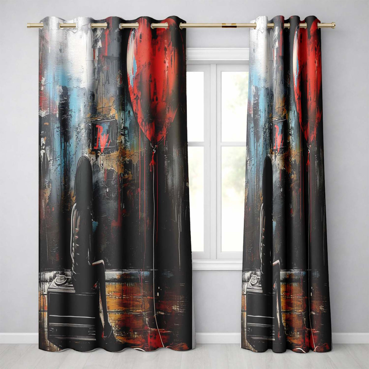 Girl Sitting with Red Heart Balloon Dark Urban Art Striking Design for Home Decor Readymade Eyelet Ring Top Thermal 100% Blackout Curtains