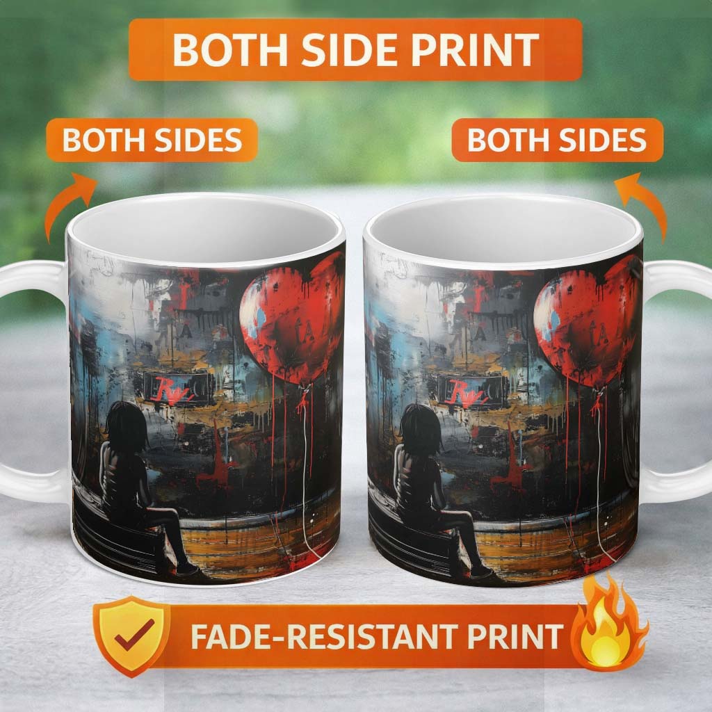Girl Sitting with Red Heart Balloon Dark Urban Art 11oz Ceramic Coffee Tea Mug White Large Handle