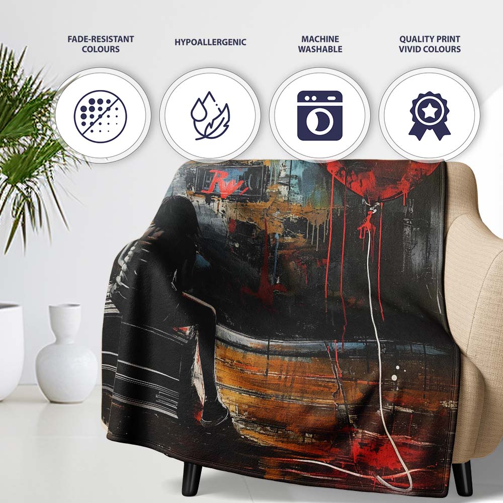 Girl Sitting with Red Heart Balloon Dark Urban Art, All Season Comfort, Stylish Room Decoration - Super Soft Fleece Blanket Bed Sofa Throw
