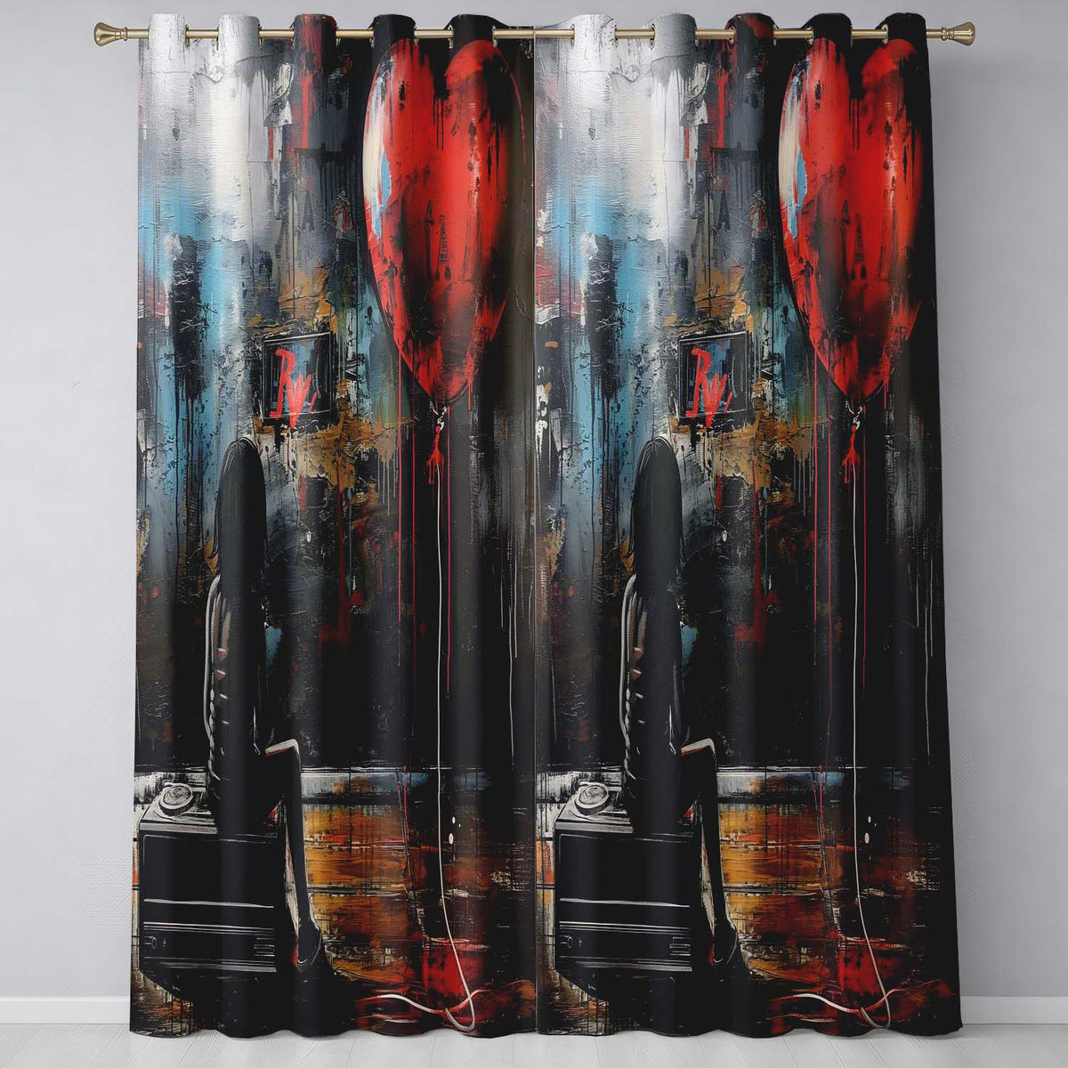 Girl Sitting with Red Heart Balloon Dark Urban Art Striking Design for Home Decor Readymade Eyelet Ring Top Thermal 100% Blackout Curtains