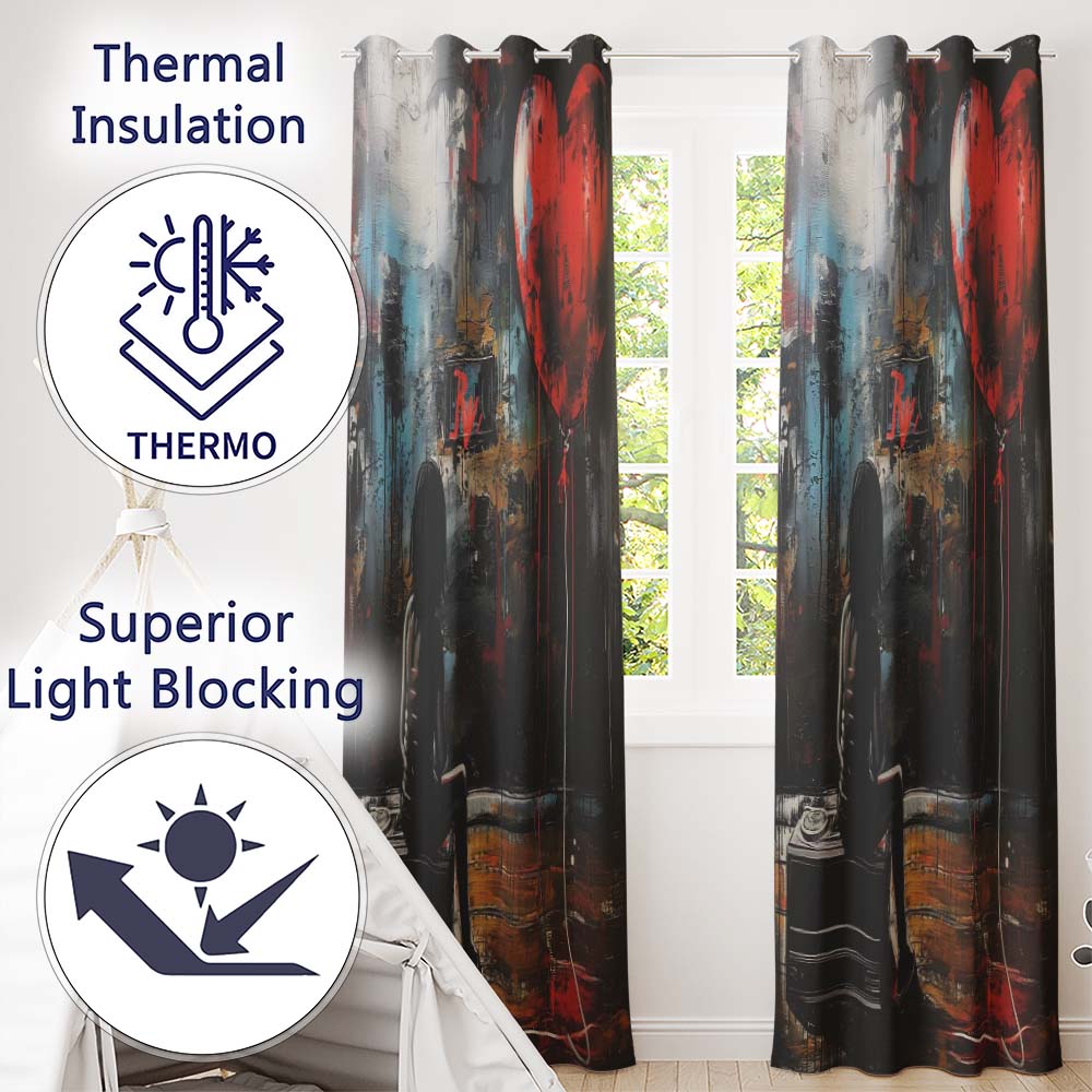 Girl Sitting with Red Heart Balloon Dark Urban Art Striking Design for Home Decor Readymade Eyelet Ring Top Thermal 100% Blackout Curtains