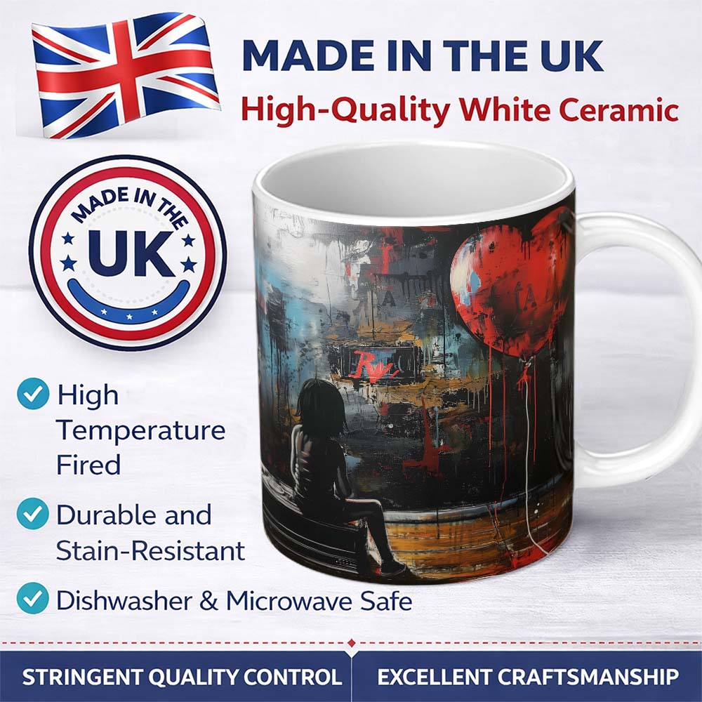 Girl Sitting with Red Heart Balloon Dark Urban Art 11oz Ceramic Coffee Tea Mug White Large Handle