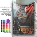 Girl Sitting with Red Heart Balloon Dark Urban Art, All Season Comfort, Stylish Room Decoration - Super Soft Fleece Blanket Bed Sofa Throw