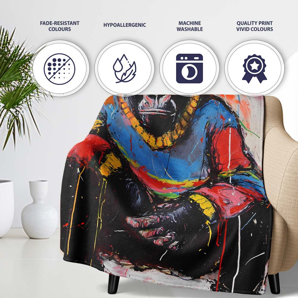 Colourful Gorilla Portrait Bold Abstract Graffiti, All Season Comfort, Comfortable Everyday Use - Super Soft Fleece Blanket Bed Sofa Throw
