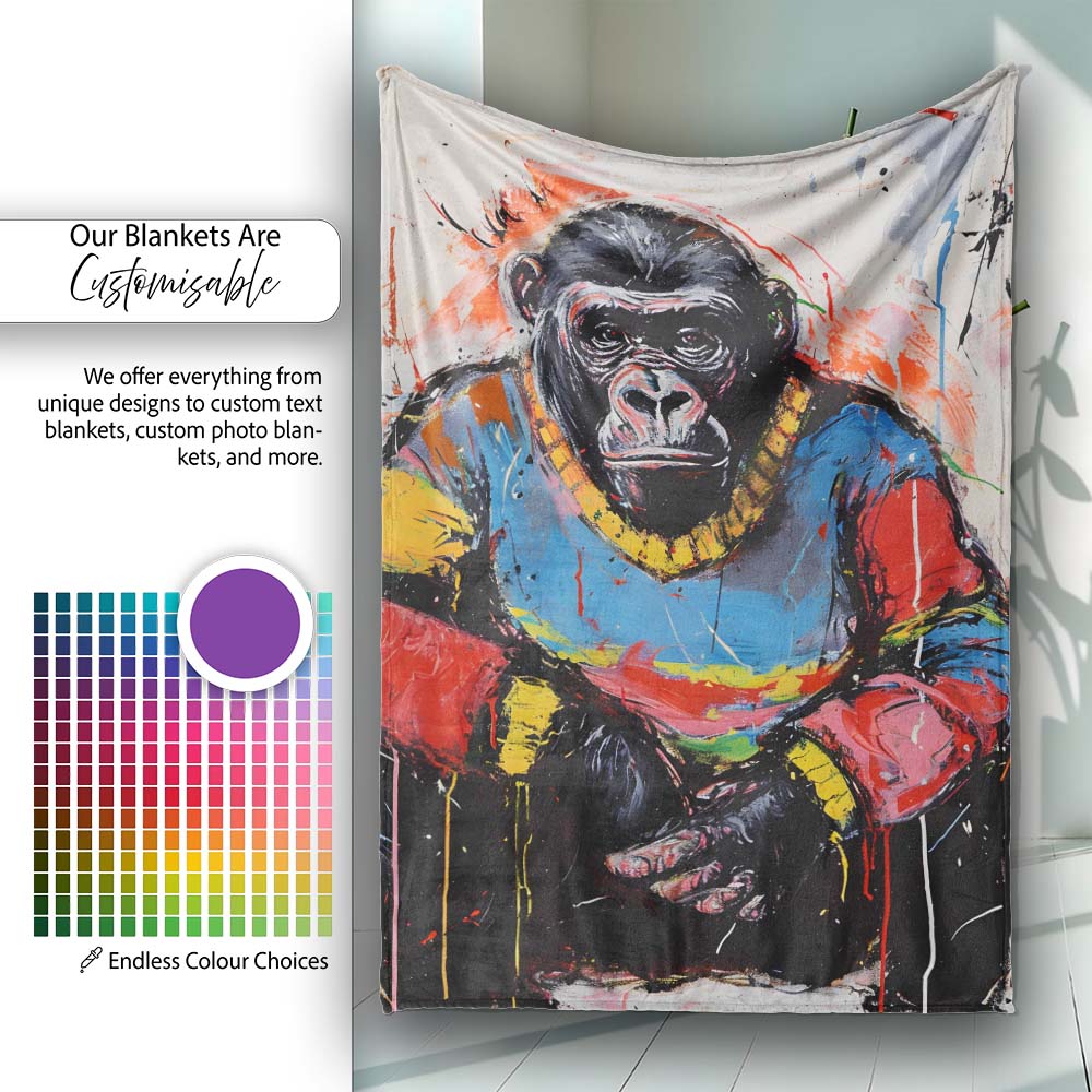 Colourful Gorilla Portrait Bold Abstract Graffiti, All Season Comfort, Comfortable Everyday Use - Super Soft Fleece Blanket Bed Sofa Throw