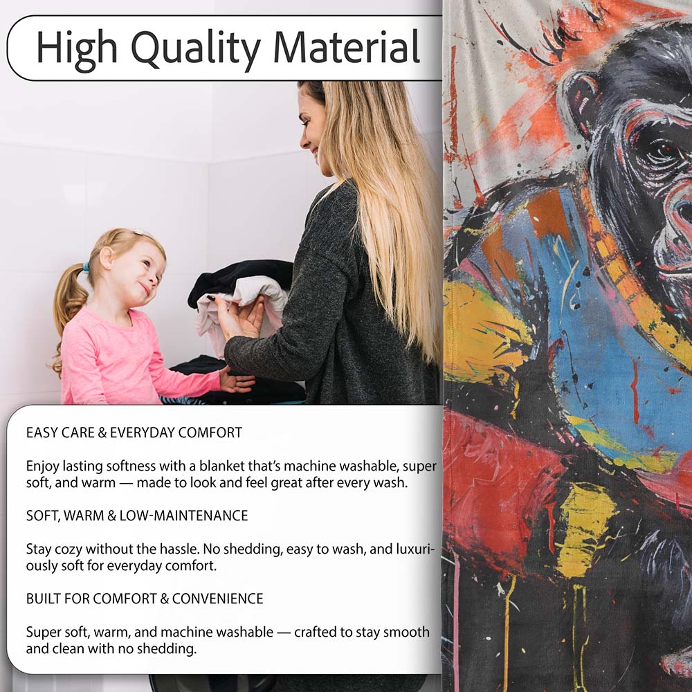 Colourful Gorilla Portrait Bold Abstract Graffiti, All Season Comfort, Comfortable Everyday Use - Super Soft Fleece Blanket Bed Sofa Throw