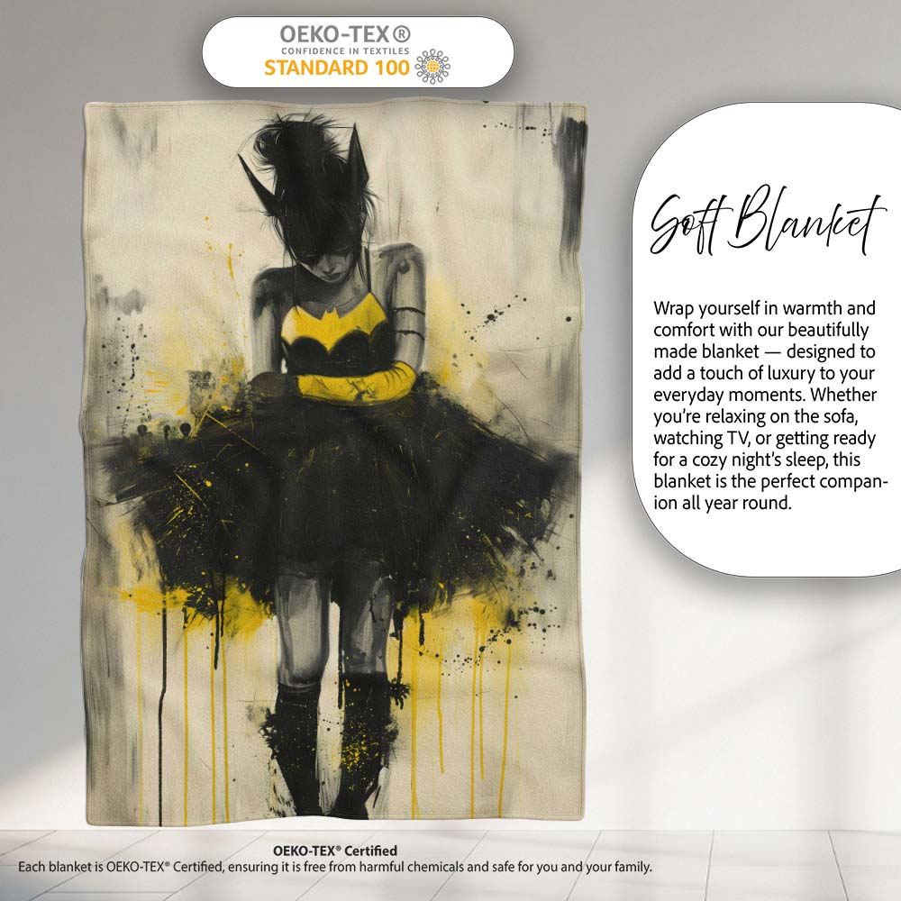 Yellow Black Masked Woman Gothic Urban Illustration, All Season Comfort, Modern Interior Accent - Super Soft Fleece Blanket Bed Sofa Throw
