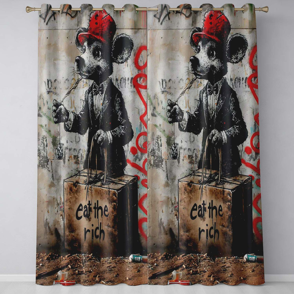 Dapper Cartoon Mouse Red Cap Satirical Street Art Distinctive Wall Art Home Decor Readymade Eyelet Ring Top Thermal 100% Blackout Curtains