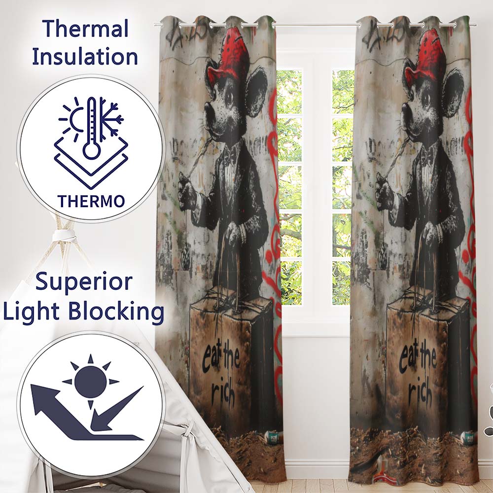 Dapper Cartoon Mouse Red Cap Satirical Street Art Distinctive Wall Art Home Decor Readymade Eyelet Ring Top Thermal 100% Blackout Curtains